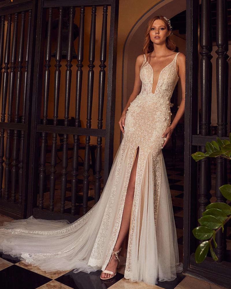 La23102 3d lace mermaid wedding dress with slit and low back3